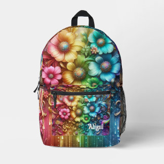 Girly Rainbow Flowers with Glitter Drips Backpack