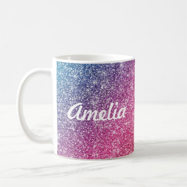 Girly Rainbow Glitter Monogram Name Coffee Mug (Left)