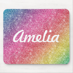 Girly Rainbow Glitter Monogram Name Mouse Pad