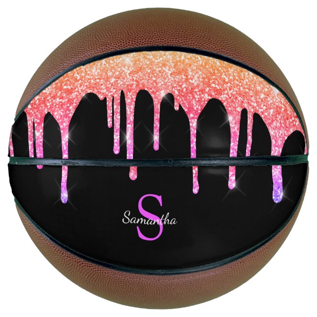Girly Rainbow Glitter Sparkle Drips Monogram Basketball (Front)