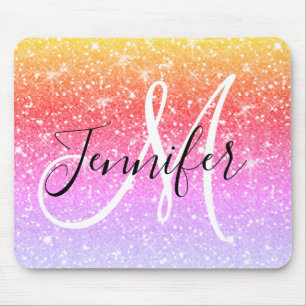 Girly Rainbow Glitter Sparkles Monogram Name Mouse Pad