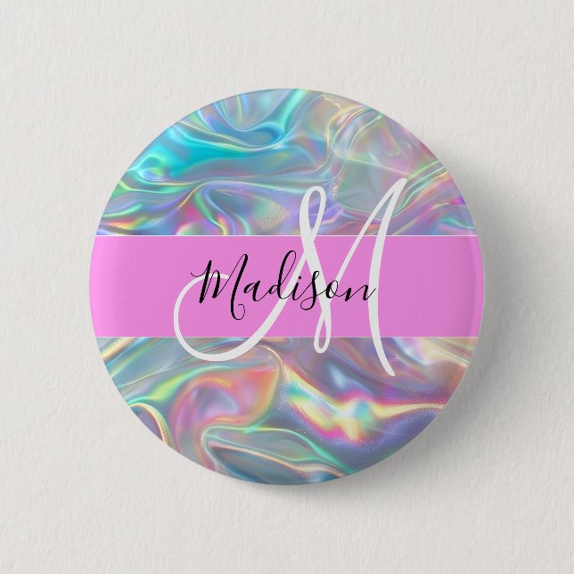Girly Rainbow Holographic Iridescent Monogram Name 6 Cm Round Badge (Front)