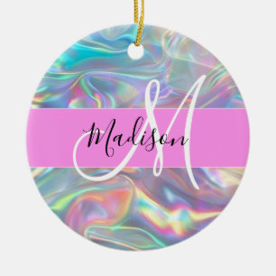 Girly Rainbow Holographic Iridescent Monogram Name Ceramic Tree Decoration