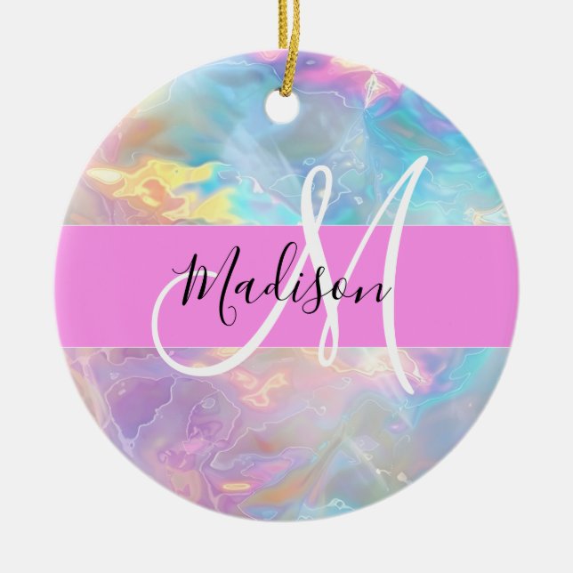 Girly Rainbow Holographic Iridescent Monogram Name Ceramic Tree Decoration (Front)