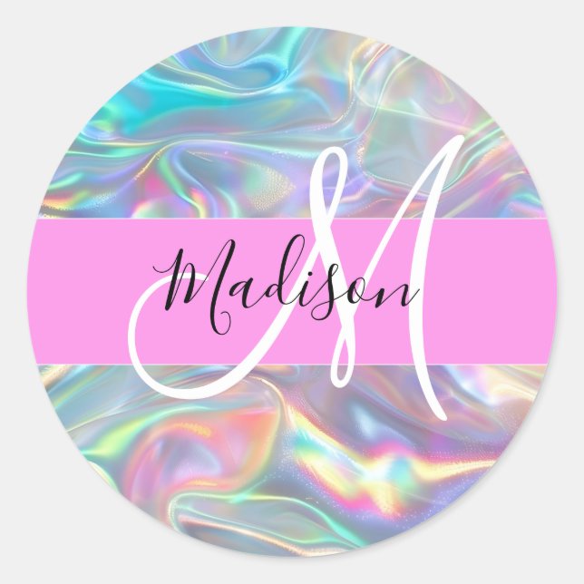 Girly Rainbow Holographic Iridescent Monogram Name Classic Round Sticker (Front)