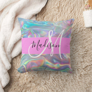 Girly Rainbow Holographic Iridescent Monogram Name Cushion