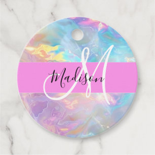 Girly Rainbow Holographic Iridescent Monogram Name Favour Tags