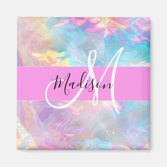 Girly Rainbow Holographic Iridescent Monogram Name Magnet (Front)