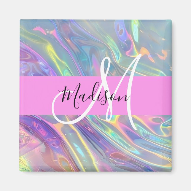 Girly Rainbow Holographic Iridescent Monogram Name Magnet (Front)