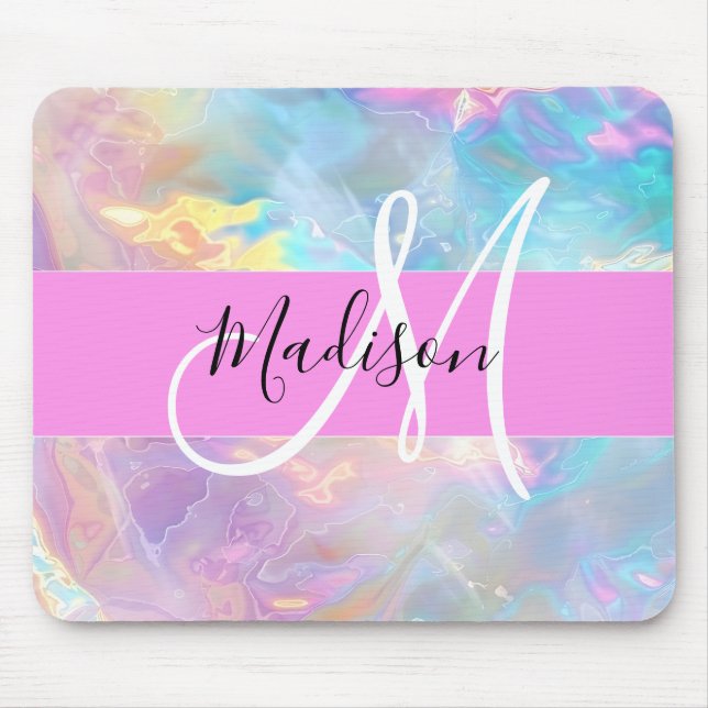 Girly Rainbow Holographic Iridescent Monogram Name Mouse Pad (Front)
