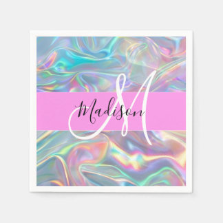 Girly Rainbow Holographic Iridescent Monogram Name Napkin