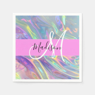 Girly Rainbow Holographic Iridescent Monogram Name Napkin