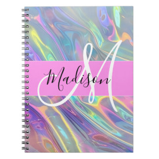Girly Rainbow Holographic Iridescent Monogram Name Notebook