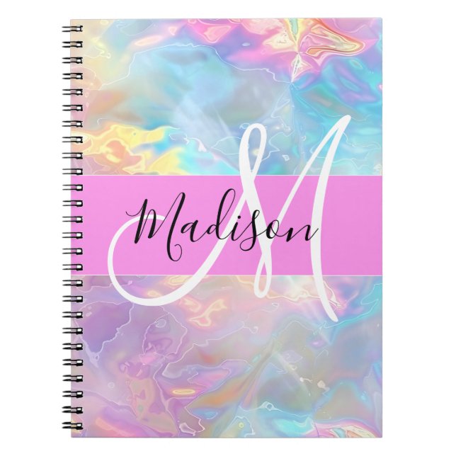 Girly Rainbow Holographic Iridescent Monogram Name Notebook (Front)