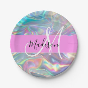 Girly Rainbow Holographic Iridescent Monogram Name Paper Plate