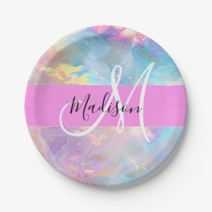 Girly Rainbow Holographic Iridescent Monogram Name Paper Plate