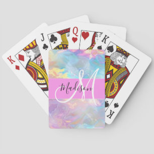 Girly Rainbow Holographic Iridescent Monogram Name Playing Cards