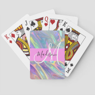 Girly Rainbow Holographic Iridescent Monogram Name Playing Cards