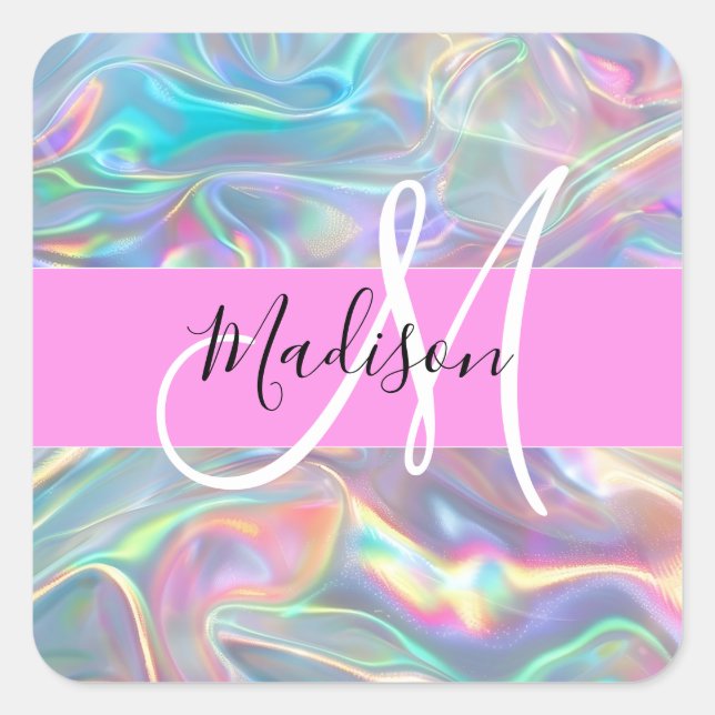 Girly Rainbow Holographic Iridescent Monogram Name Square Sticker (Front)