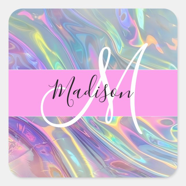 Girly Rainbow Holographic Iridescent Monogram Name Square Sticker (Front)