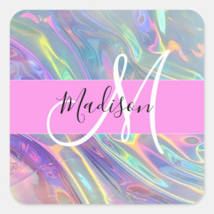 Girly Rainbow Holographic Iridescent Monogram Name Square Sticker