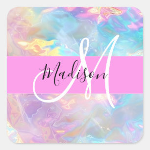 Girly Rainbow Holographic Iridescent Monogram Name Square Sticker