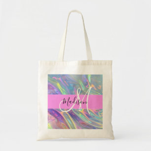 Girly Rainbow Holographic Iridescent Monogram Name Tote Bag