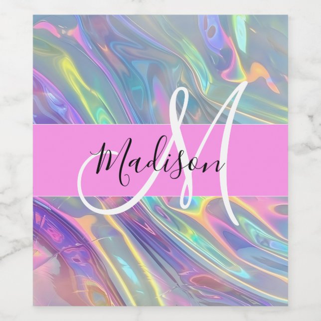 Girly Rainbow Holographic Iridescent Monogram Name Wine Label (Single Label)