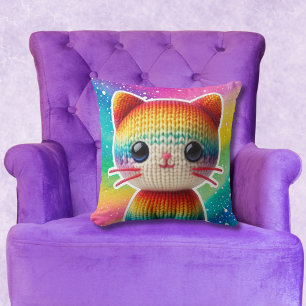 Girly Rainbow Knitted Cat Personalised Cushion