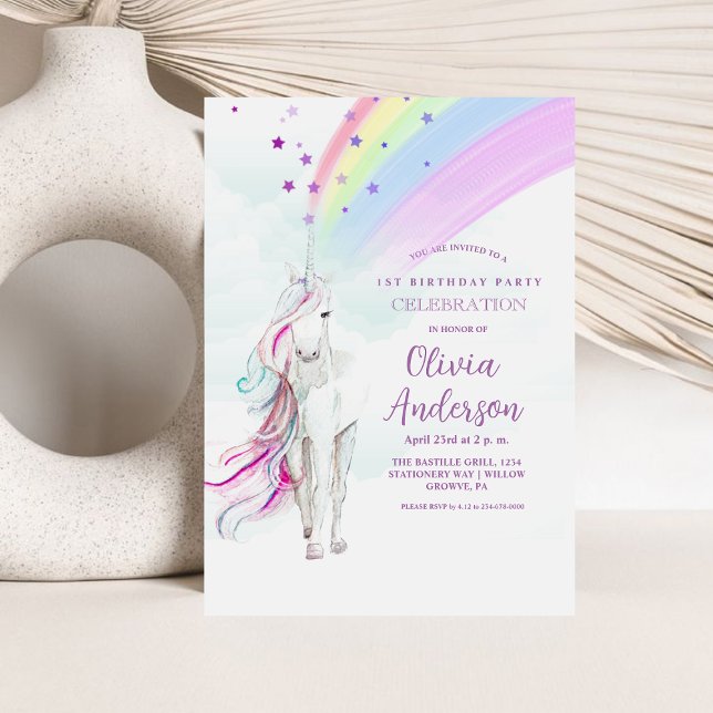 Girly Rainbow Magic Unicorn Stars Birthday Party Invitation (Creator Uploaded)
