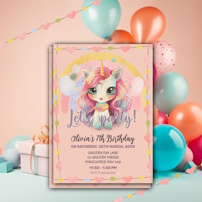 Girly Rainbow Pastel Pink Kawaii Unicorn Birthday Invitation (Creator Uploaded)