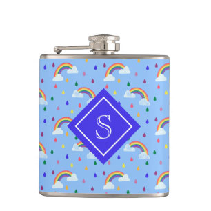 Girly Rainbow Rain Clouds Personalised Monogram Hip Flask