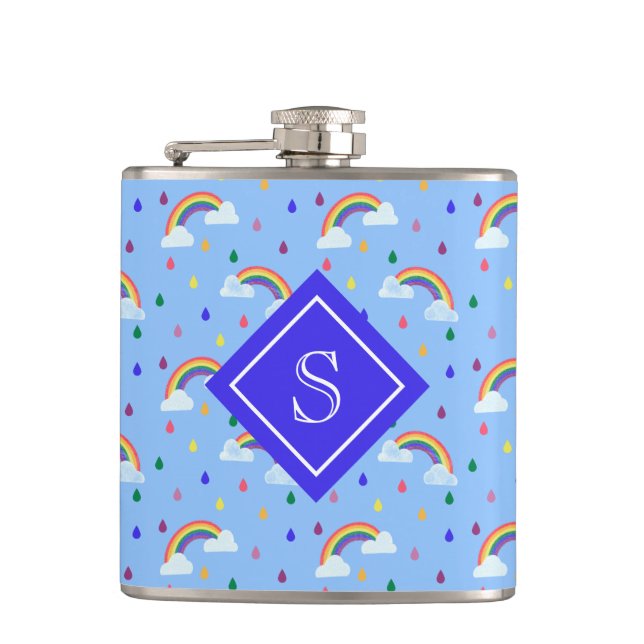 Girly Rainbow Rain Clouds Personalised Monogram Hip Flask (Front)