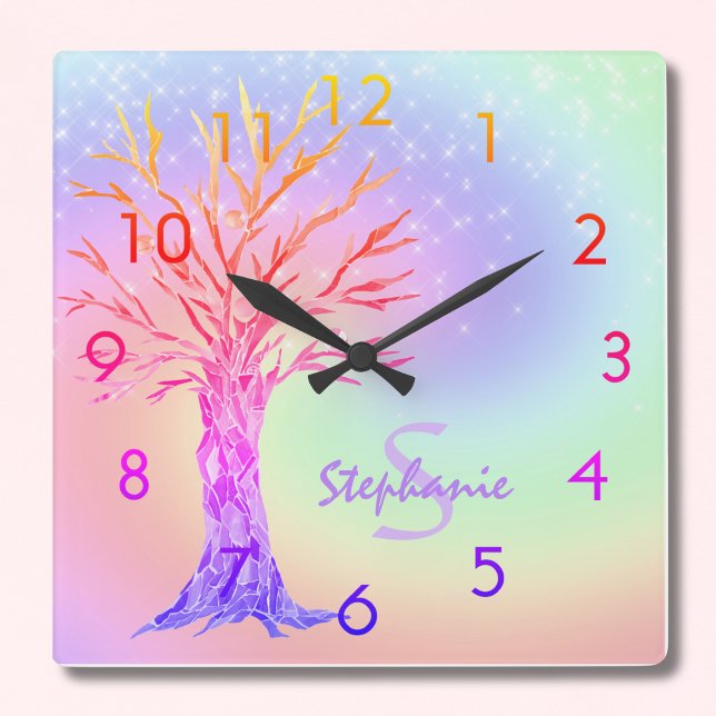 Girly Rainbow Sparkles Monogram Name  Square Wall  Clock (Creator Uploaded)