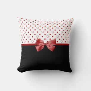Girly Red and Black Polka Dot Hearts Bow With Name Cushion
