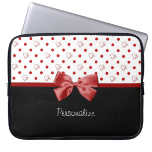Girly Red and Black Polka Dot Hearts Bow With Name Laptop Sleeve