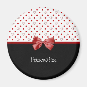 Girly Red and Black Polka Dot Hearts Bow With Name Magnet