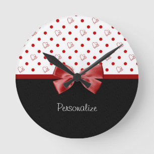 Girly Red and Black Polka Dot Hearts Bow With Name Round Clock