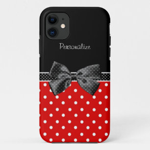 Girly Red and Black Polka Dots With Bow and Name iPhone 11 Case