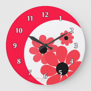 Girly Red Daisies Large Clock