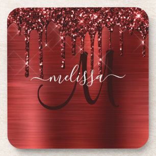 Girly Red Dripping Glitter Brush Metal Monogram Coaster