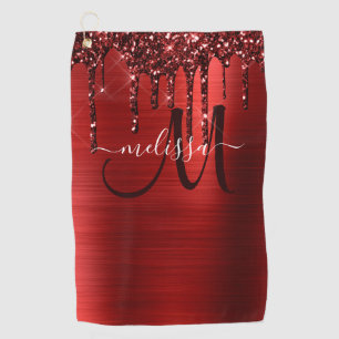 Girly Red Dripping Glitter Brush Metal Monogram Golf Towel