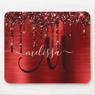 Girly Red Dripping Glitter Brush Metal Monogram Mouse Pad