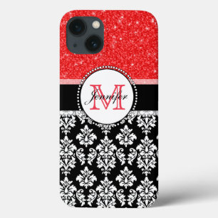 Girly, Red, Glitter Black Damask Personalised iPhone 13 Case