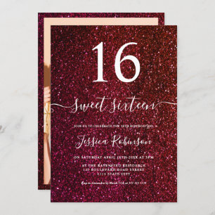 Girly red glitter script chic Sweet 16 Invitation