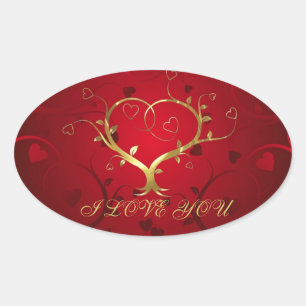 Girly Red & Gold Abstract Heart And Floral Swirls Oval Sticker