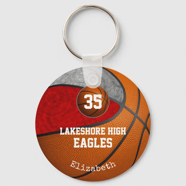 Girly red grey school team colours basketball key ring (Front)