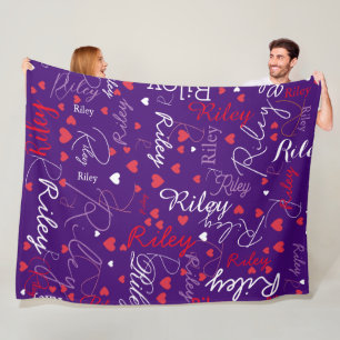 Girly Red Hearts over Bluish Purple Custom Fleece Blanket