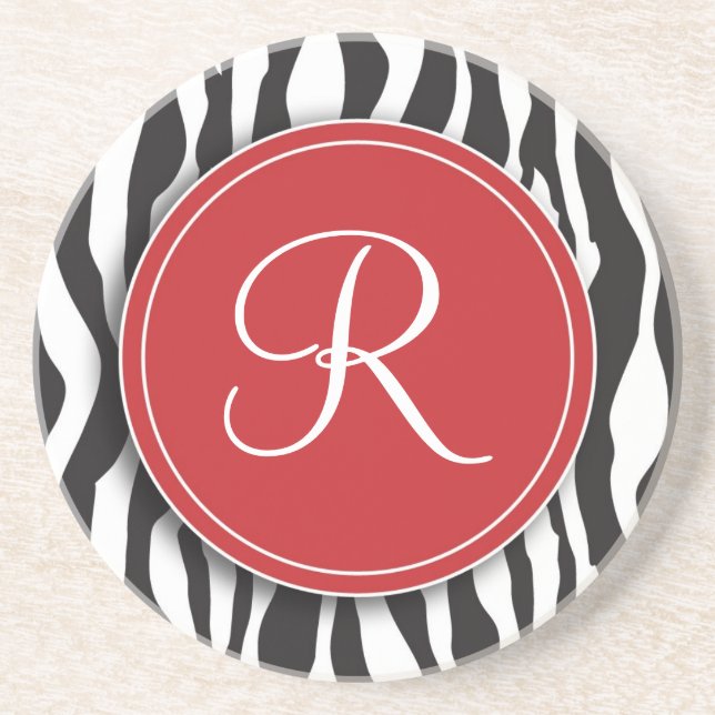 Girly Red Monogram Zebra Print Coaster (Front)