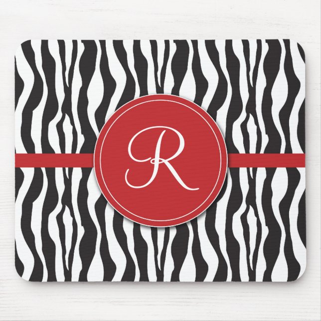 Girly Red Monogram Zebra Print Mousepad (Front)